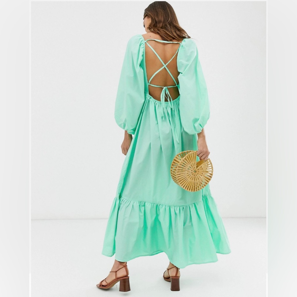 asos warehouse puff sleeve tiered backless maxi dress in apple green EUC size 8